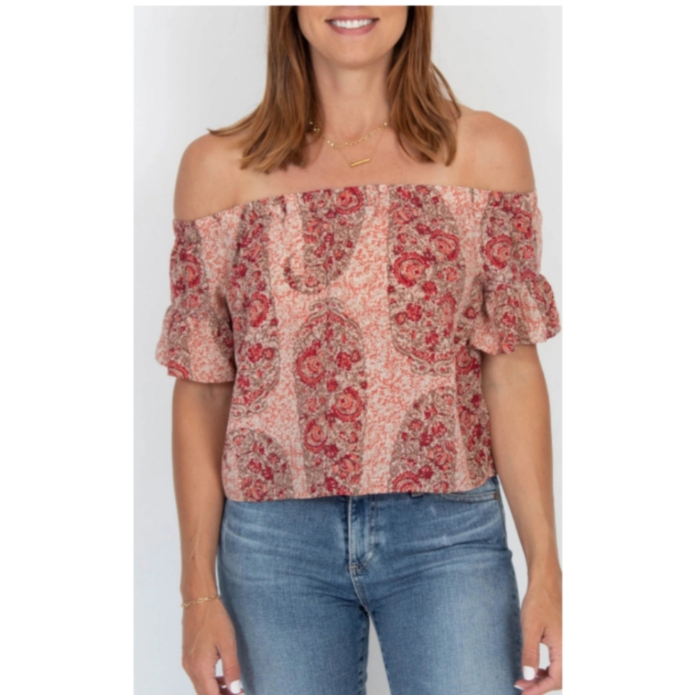 Madewell Off Shoulder Cropped Paisley Floral Print Top Large